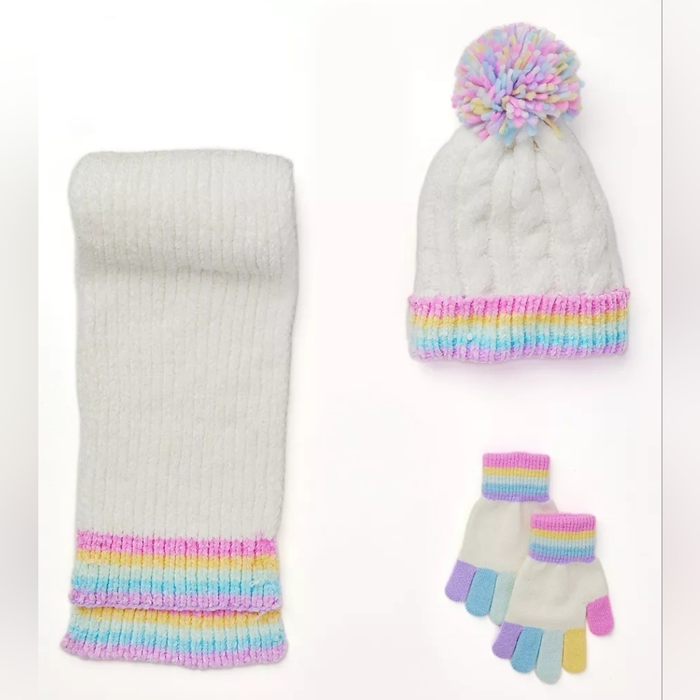 Rainbow Sugar Hat, Gloves And Scarf New